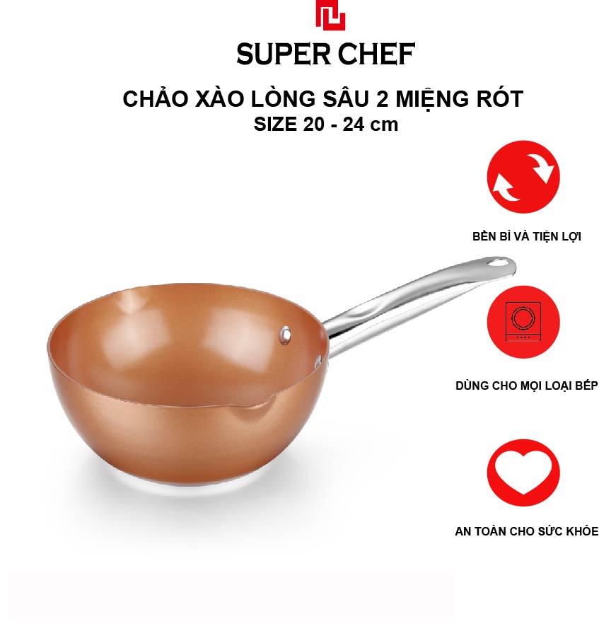 Chảo Chống Dính Ceramic Sâu Lòng 2 Miệng Rót Super Chef Đảm Bảo Sức Khỏe, Siêu Bề Bỉ Không Bong Tróc, Siêu Tiện Lợi ( size 20-24cm)