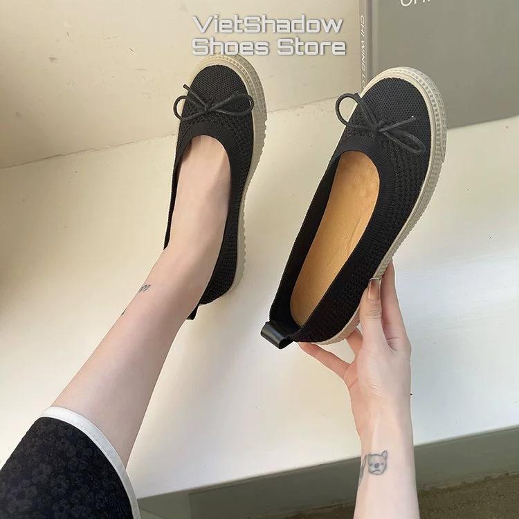 Slip on kiểu búp bê - Giày lười nữ dệt kim 3D nguyên chiếc 2 màu đen và khaki, đế cao su mềm chống trơn trượt - Mã A31
