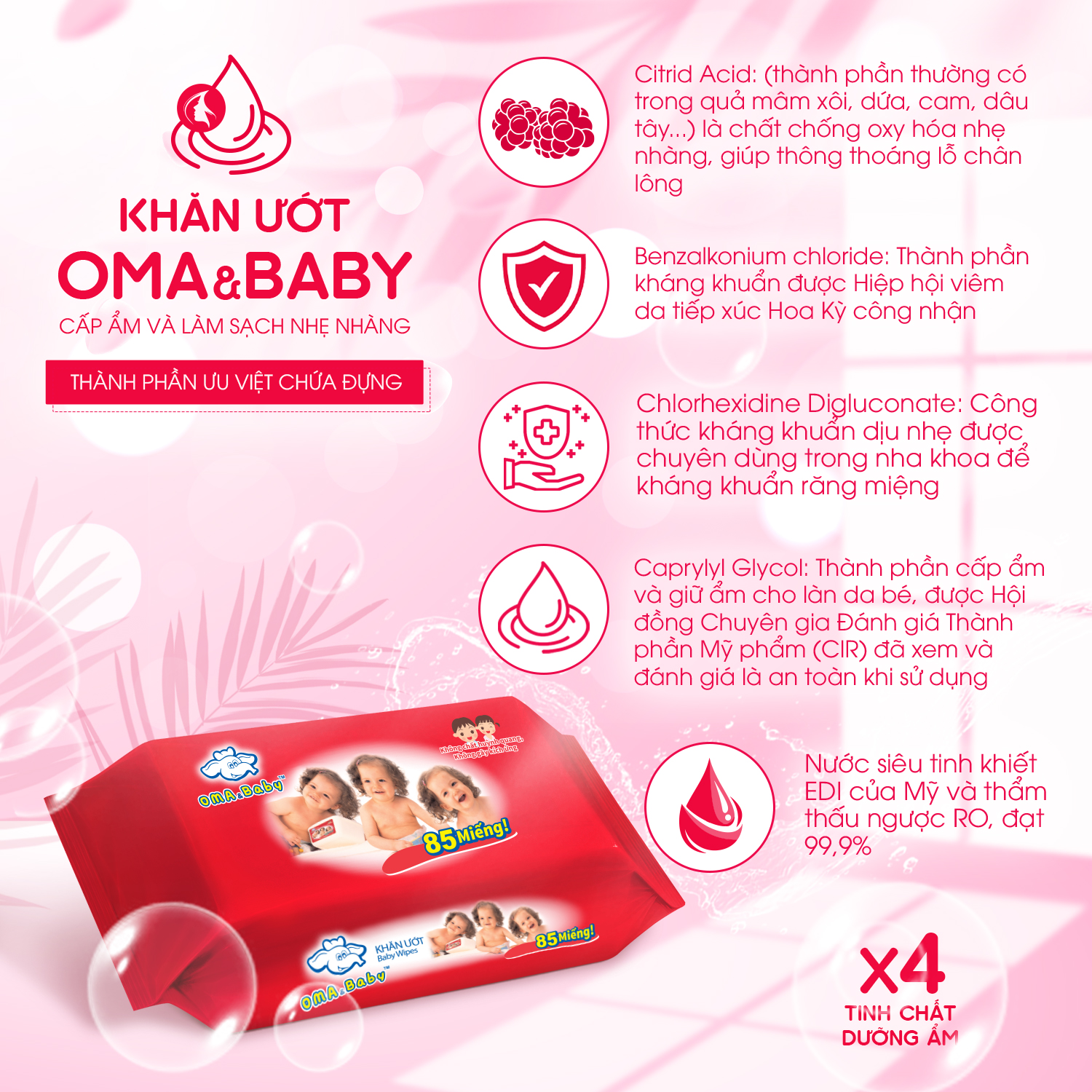 Combo 3 gói Khăn ướt làm sạch tinh khiết Oma &amp; Baby for Lady an toàn dịu nhẹ cho da 85pcs