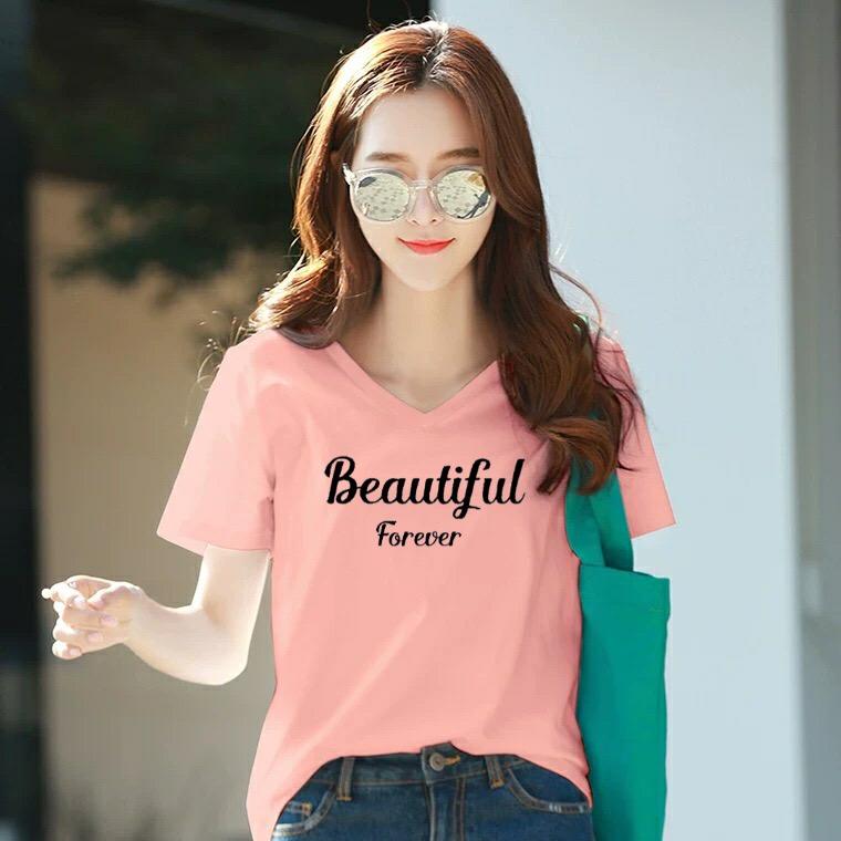 Áo thun nữ cổ tim form rộng MXM in chữ Beautiful thun cotton 4 chiều từ 45-60kg