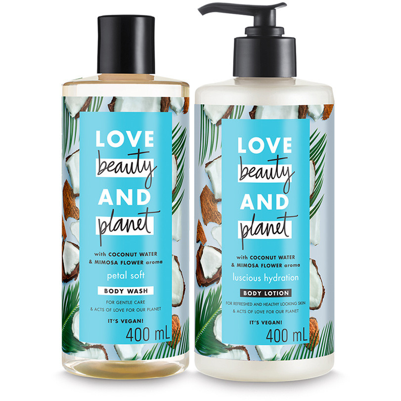 Combo sữa tắm và sữa dưỡng thể Love Beauty And Planet chăm da mềm mịn với 100% dừa tươi organic 400ml