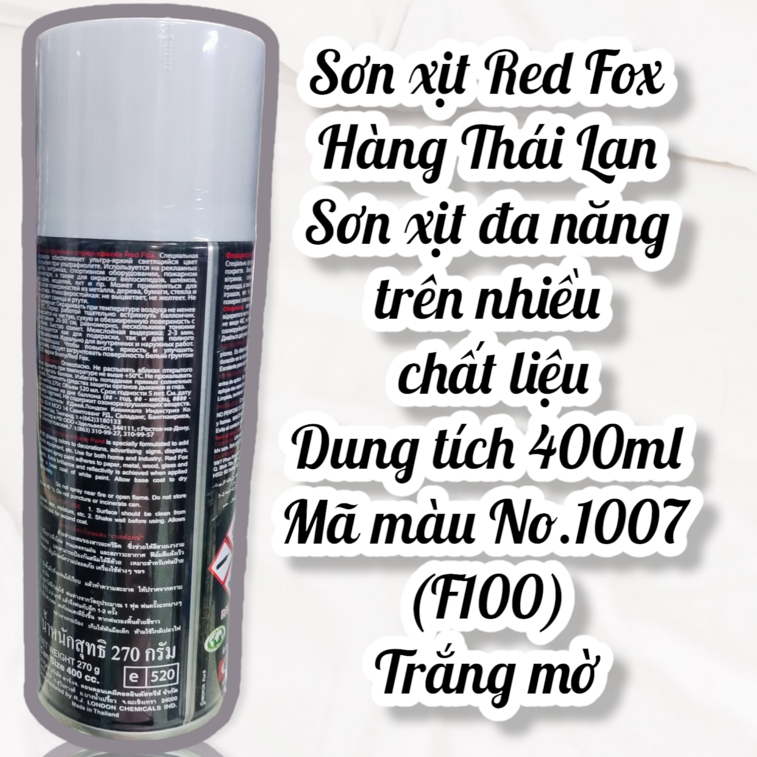 Sơn xịt đa năng Red Fox - Màu No.1007(F100) - Trắng mờ - Hàng Thái Lan- dung tích 400ml-Bao bì có thể thay đổi theo lô hàng