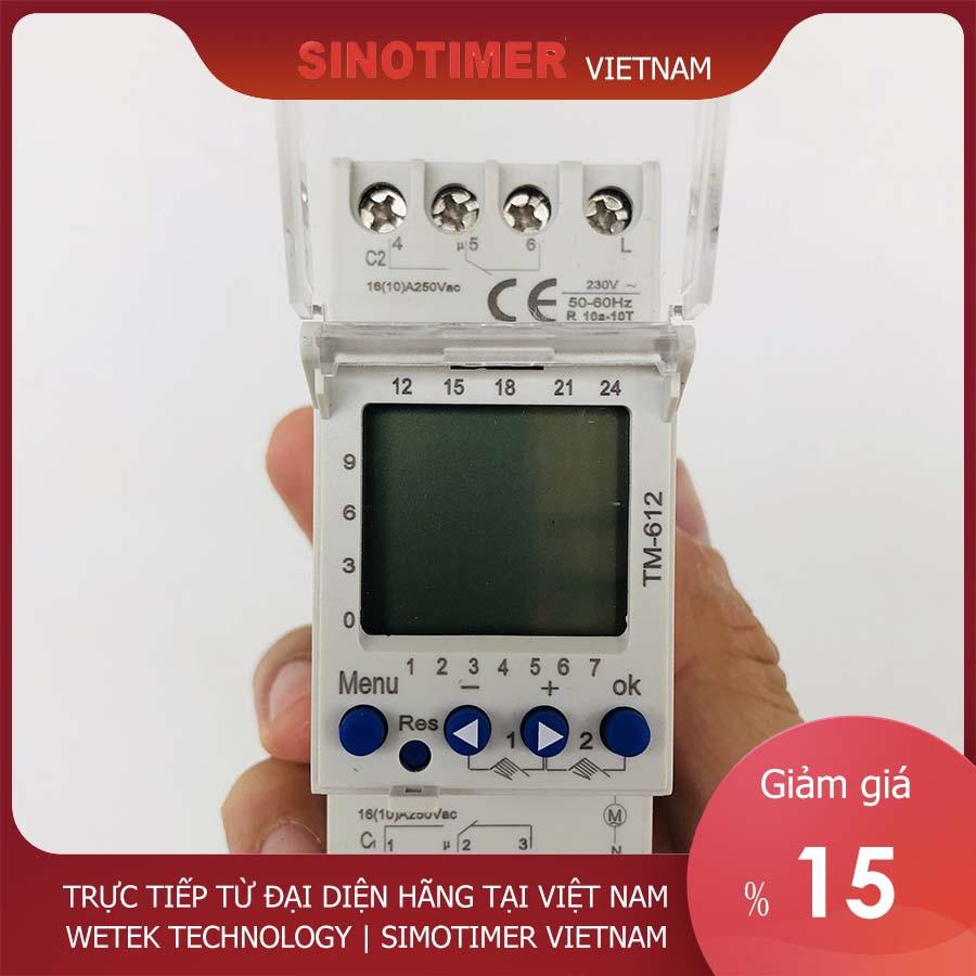 Timer 24h 7 ngày, 2 kênh độc lập, 2NO+2NC, 16A, 220V màn hình LCD, đa chức năng, Sinotimer TM-612, hàng xuất châu Âu