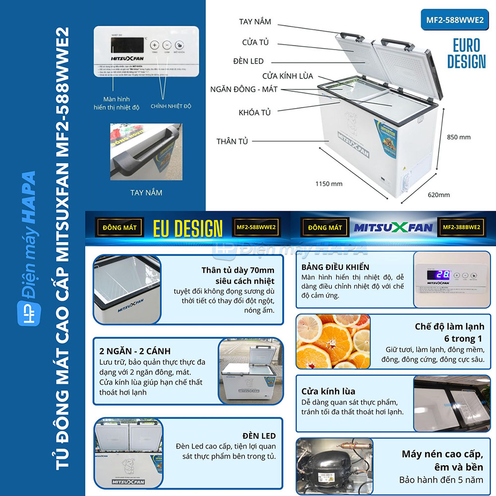 Tủ Đông + Mát MITSUXFAN MITSUXFAN MF2-588WWE2 Inverter, Dung Tích 450/ 270 Lít, Thành Tủ Dày Giữ Lạnh Cực Tốt, Siêu Tiết Kiệm Điện, Tủ Đông Mát Tiêu Chuẩn Châu Âu - Giao Miễn Phí TP.HCM &amp; Lân Cận, Hàng Chính Hãng