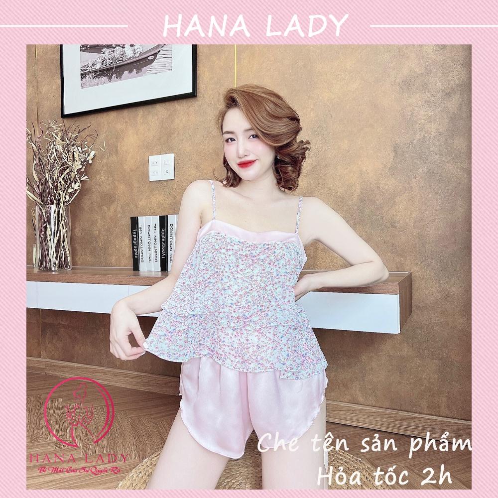 Bộ ngủ 2 dây hoa, đồ ngủ voan lụa họa tiết mặc nhà cao cấp VN500