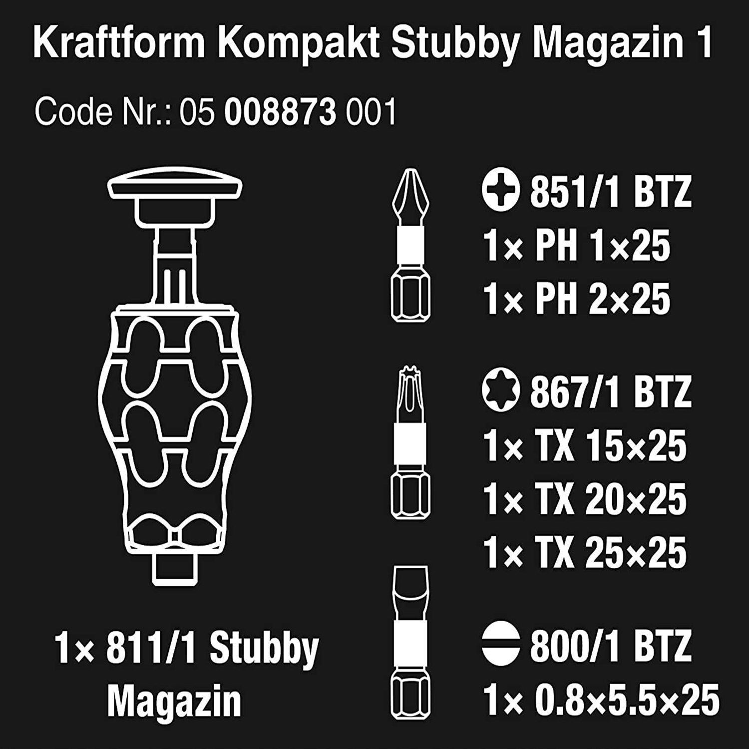 Dụng cụ mở vít Wera 05008873001 Kraftform Kompakt Stubby magazine 1 gồm 6 cái, dẹp, hoa thị và 4 cạnh