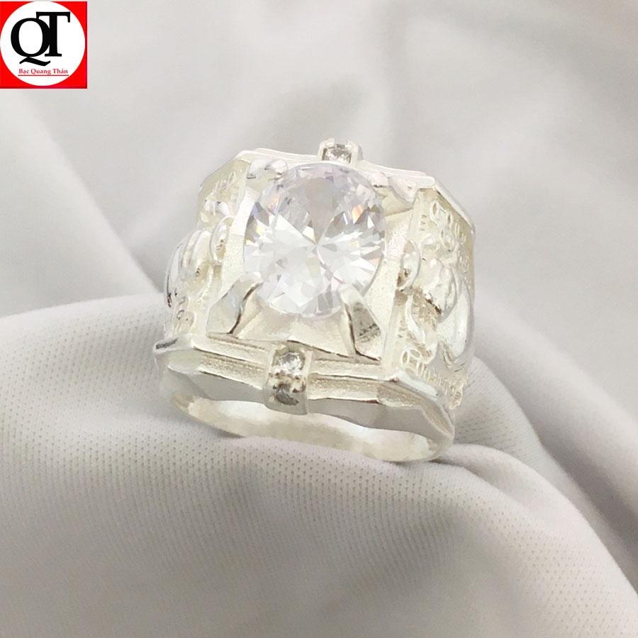 Nhẫn nam kim tiền bạc ta mặt đá ovan màu trắng Bạc Quang Thản - QTNA65