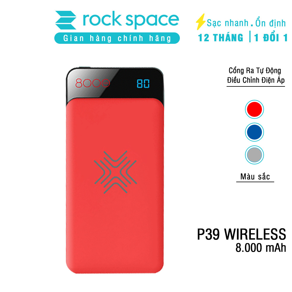 Pin dự phòng kiêm sạc không dây Rock space P39 8000 mAh, chất liệu nhựa chống cháy, hai màu : Đen ghi xám, đen xanh - Hàng chính hãng