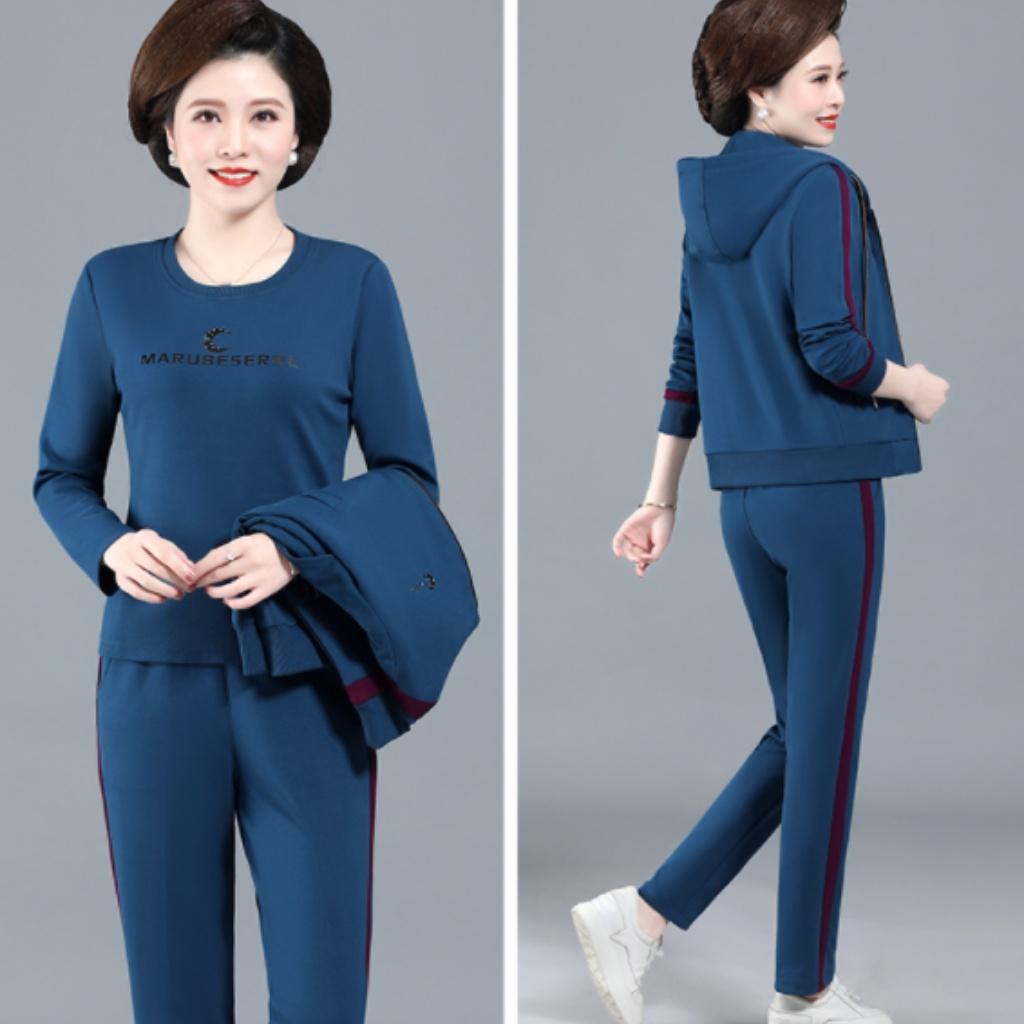 Đồ bộ thể thao nữ trung niên thiết kế LYBEE có khóa kéo chất liệu Umi co giãn 4 chiều kích thước 45~75kg TB197