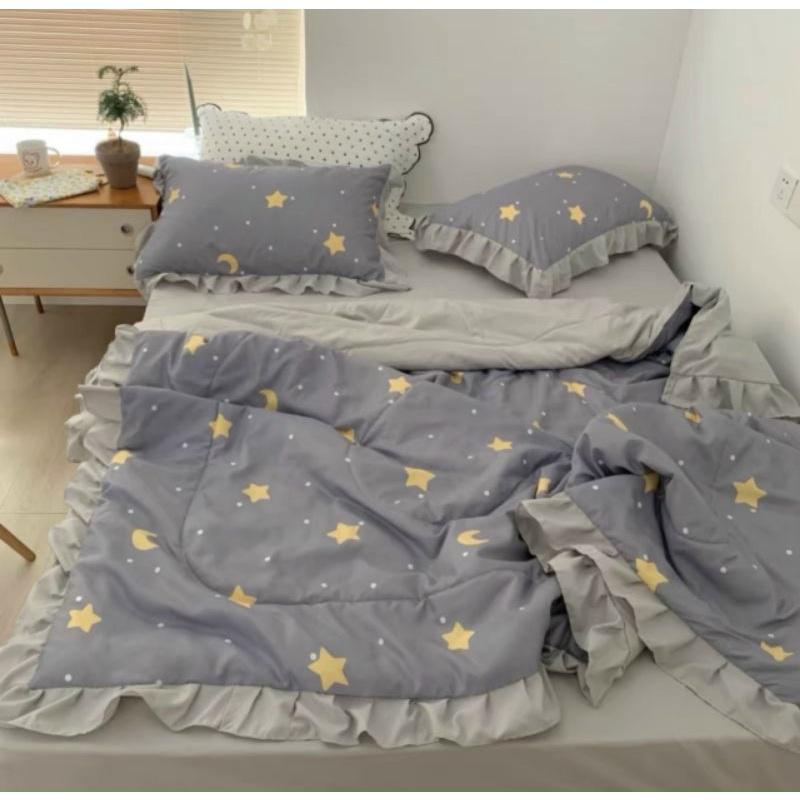 Bộ Chăn Vỏ Ga Gối Cotton Đũi phối bèo Chăn Hè