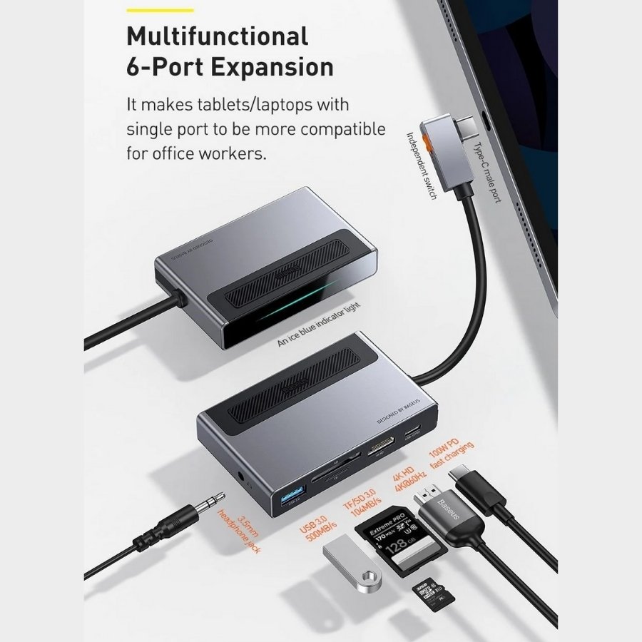 [Hàng Chính Hãng] Hub chuyển đổi 6 in 1 Baseus Magic Multifunctional cho iPad/ Macbook and Surface Pro 7 (Type-C to USB 3.0, SD/TF 3.0, HDMI 4K60Hz, AUX 3.5mm, Type C PD100W, HUB with a Retractable Clip Standard Edition) LVM003-DA-GY