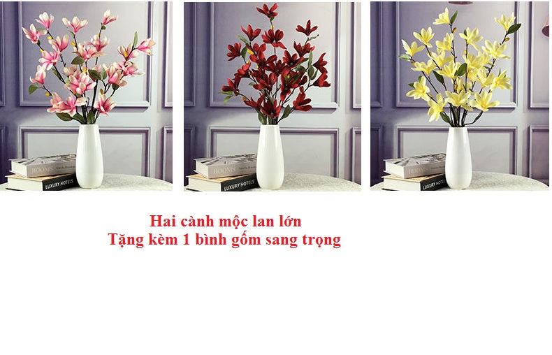 Hoa giả/lụa vải trang trí-Mộc lan [Tặng kèm bình gốm sang trọng