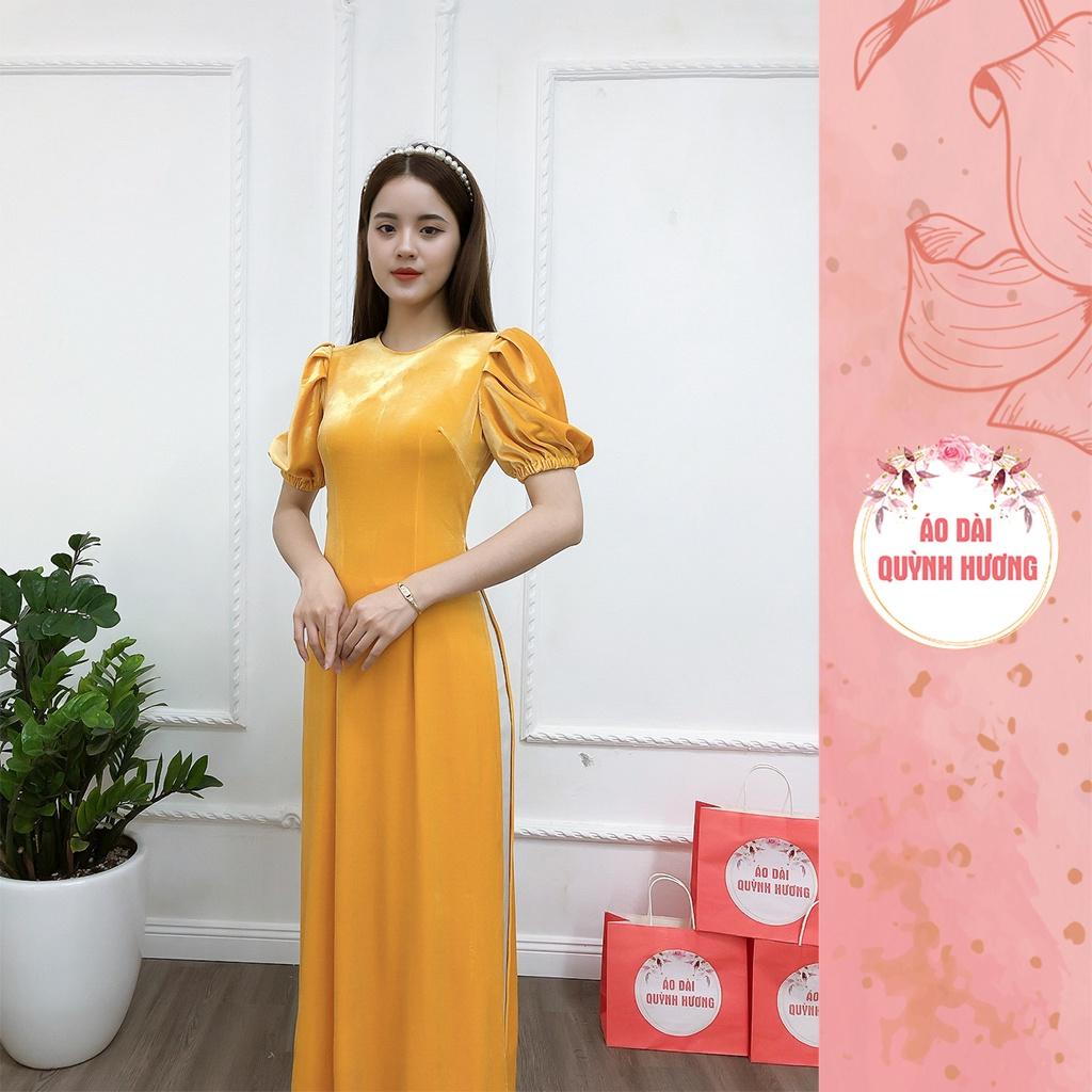 Áo dài nhung màu vàng tay bồng chun