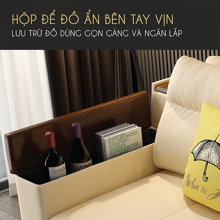 Giường Sofa Thông Minh, Vải Nano Tay Gỗ Óc Chó Cao Cấp Có Cổng Sạc Tiện Lợi - Sofa Gấp Gọn Đa Năng Phong Cách Châu Âu