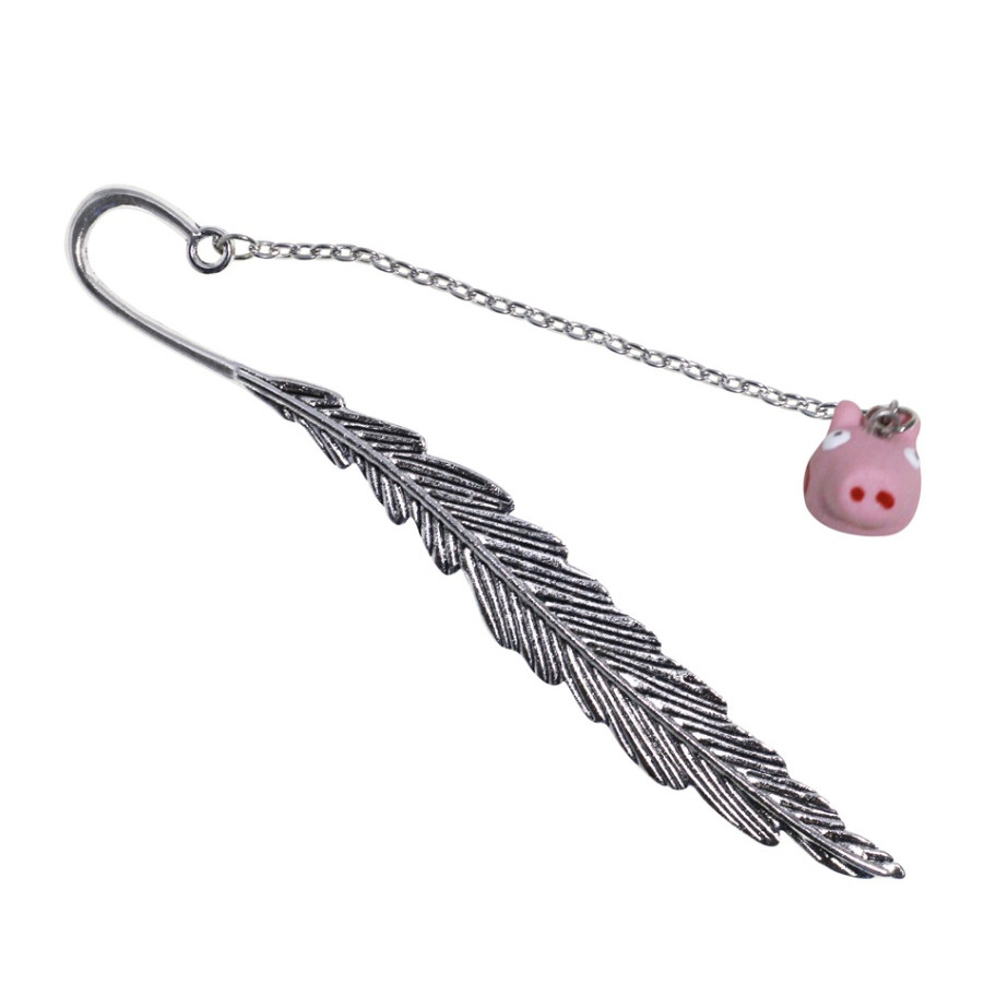 Bookmark Kẹp Sách Lông Vũ Kim Loại Phối Charm Heo Peppa