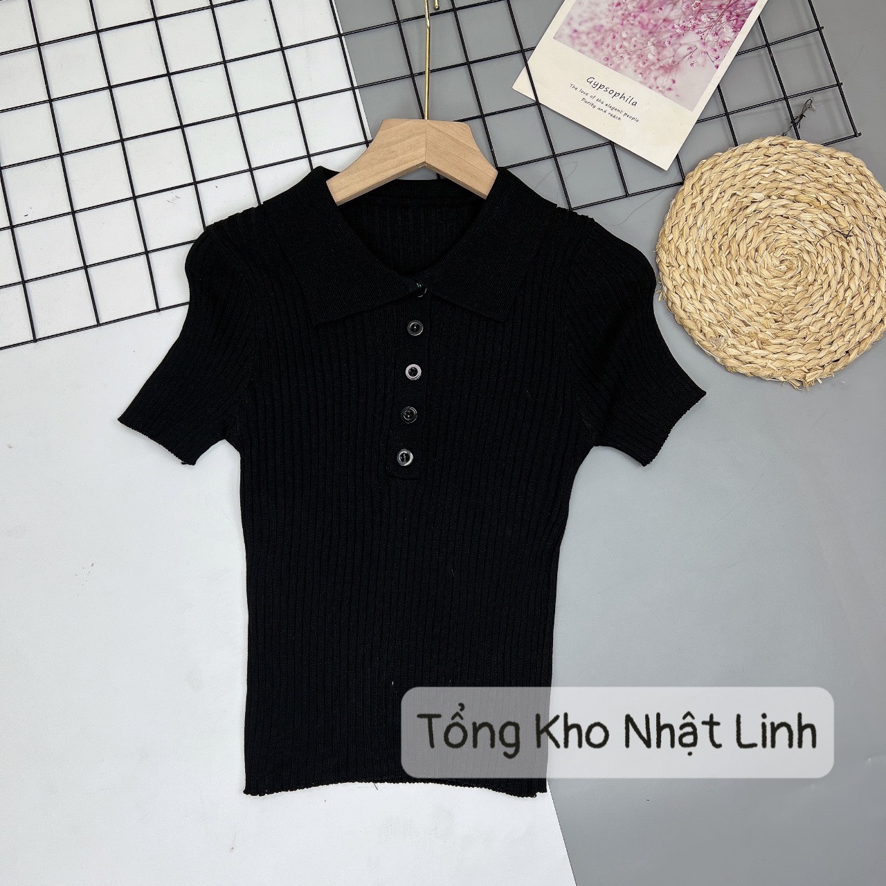 Áo croptop dệt kim tay ngắn cổ polo thời trang