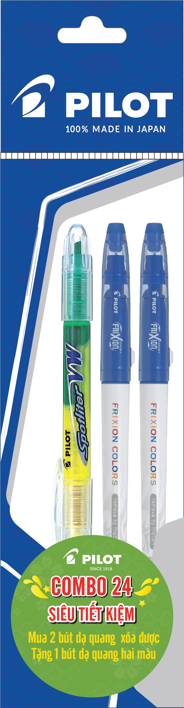 Combo Pilot 24 : 2 dạ quang xóa được Frixion Colors xanh dương + 1 dạ quang 2 màu vàng-xanh lá