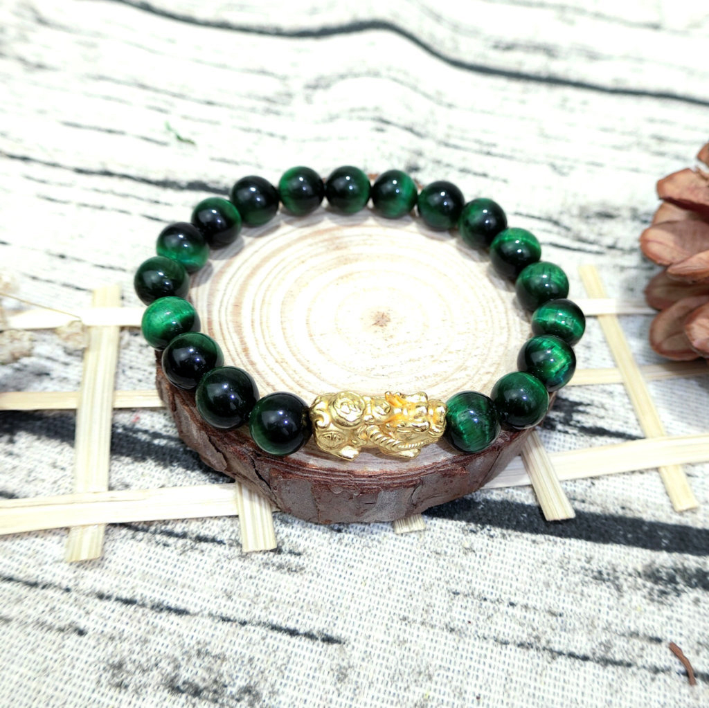 Vòng Tay Phong Thủy Mắt Hổ  Xanh Lá  Tỳ Hưu Mạ Vàng 24 K - Tăng Vượng Khí - Chiêu Tài Bốn Phương - Hợp Mệnh Mộc , Hỏa