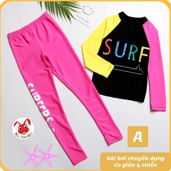 Đồ bơi bé gái tay dài chữ surf 23-40kg - tay dài cho bé bơi lâu mà không sợ lạnh-Kiến Lửa