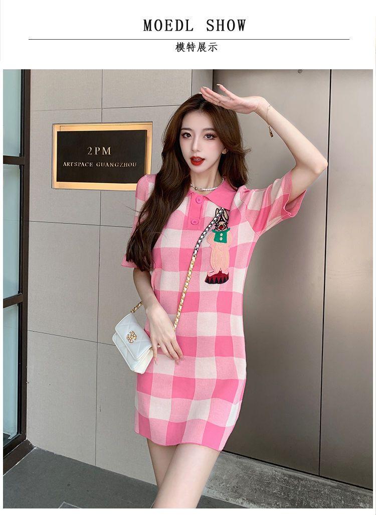 SHUANGYAN polo cổ màu hồng kẻ sọc dệt kim đầm mùa hè 2023 nhỏ lỏng lẻo thời trang ngọt ngào giảm tuổi váy