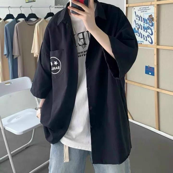 Áo Sơ Mi Tay Lỡ MẶT CƯỜI TÚI Chất Kaki Form rộng Unisex Nam/Nữ Phong Cách Hàn Quốc Ulzzang