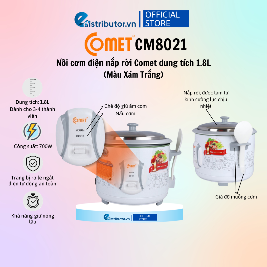 Nồi cơm điện nắp rời Comet CM8021 - Hàng chính hãng - Bảo Hành 12 Tháng