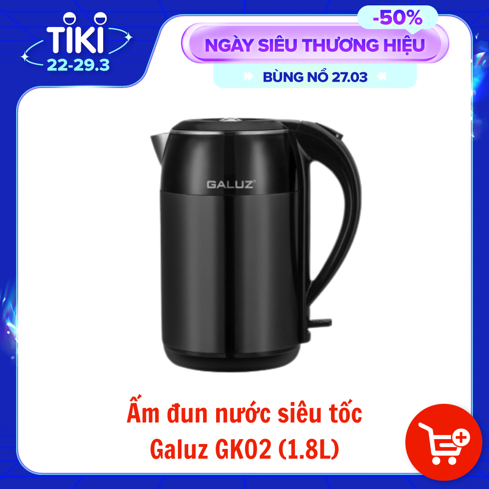 Ấm siêu tốc đun nước Galuz GK 02, dung tích 1.8L, công suất 1500W, thân ấm 2 lớp liền khối, bên trong lòng chất liệu inox 304 bền đẹp, hàng chính hãng