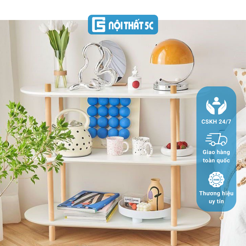 Kệ gỗ đa năng Wavy để đồ thiết kế tiện lợi nhiều tầng mặt oval, kệ sách thông minh decor phòng ngủ phòng khách màu trắng