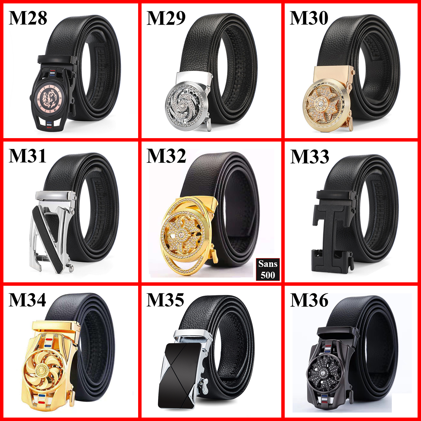 Thắt lưng nam da cao cấp Sans500 dây nịt mặt khoá tự động xoay đính đá đen đẹp sang trọng lịch lãm thời trang full đen