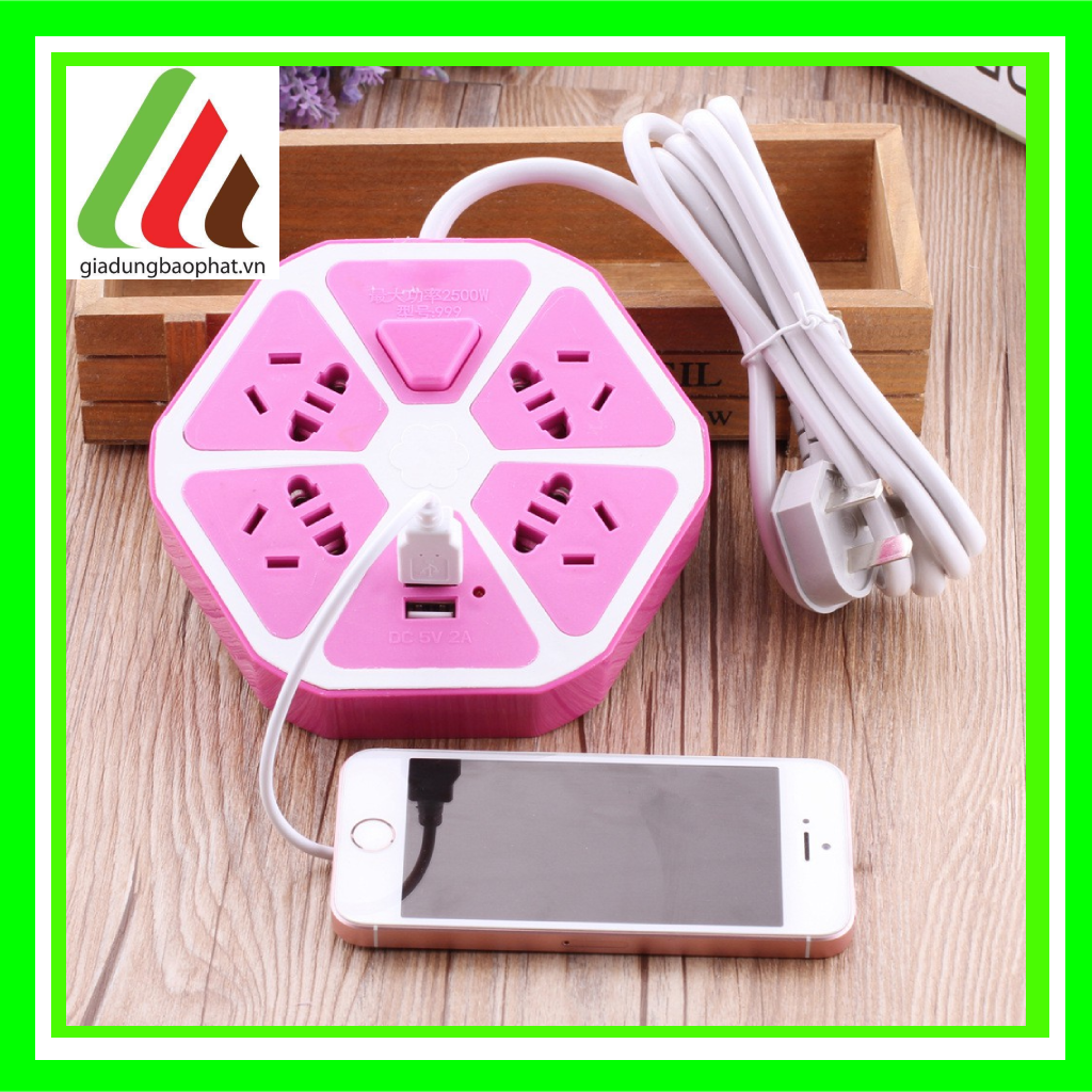 Ổ cắm điện lục giác 4 lỗ phích cắm 2 chấu 3 chấu và 2 cổng USB đa năng trang trí đèn led