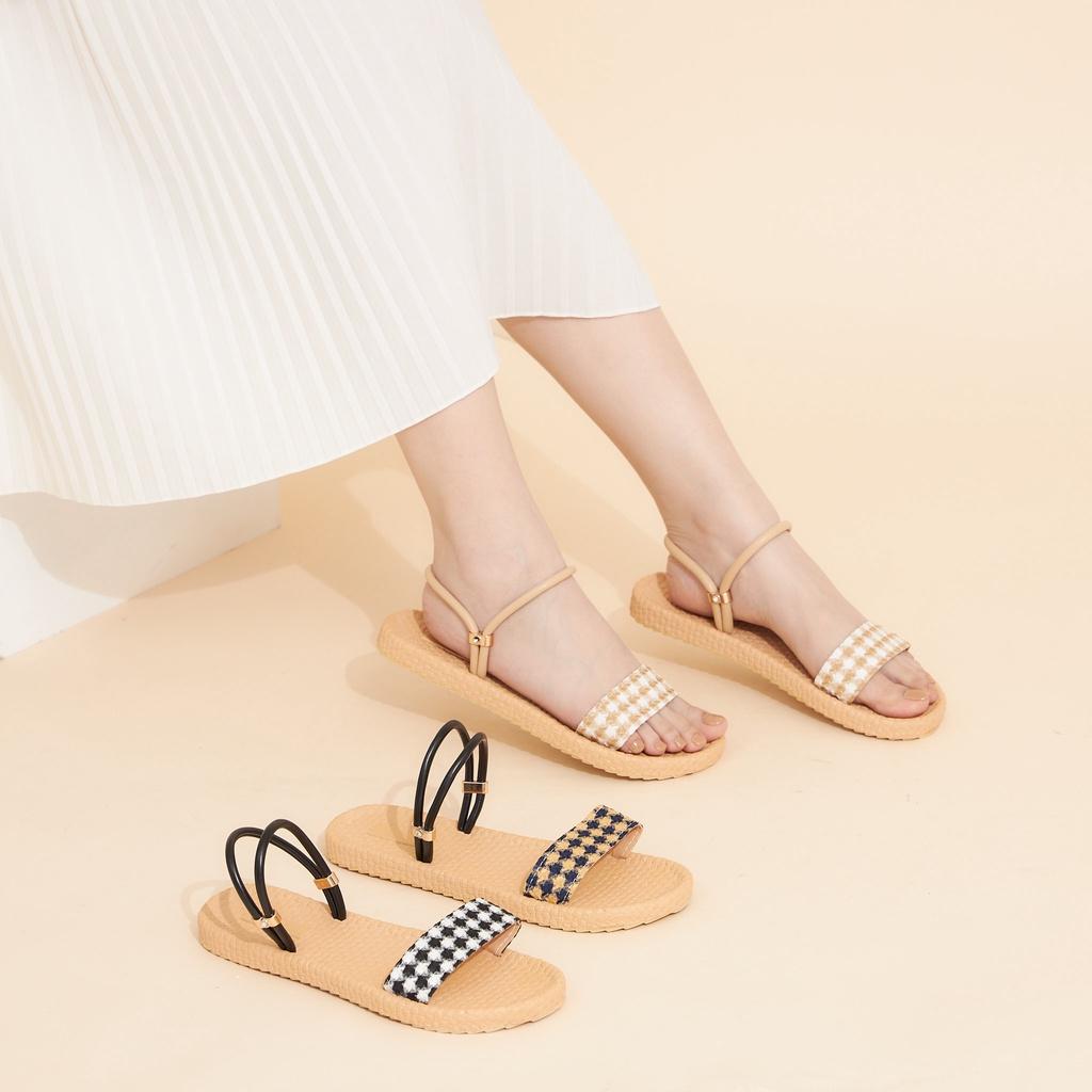 Giày Nữ MWC 2961 - Giày Sandal Quai Ngang Vải Caro Đế Bằng Thời Trang