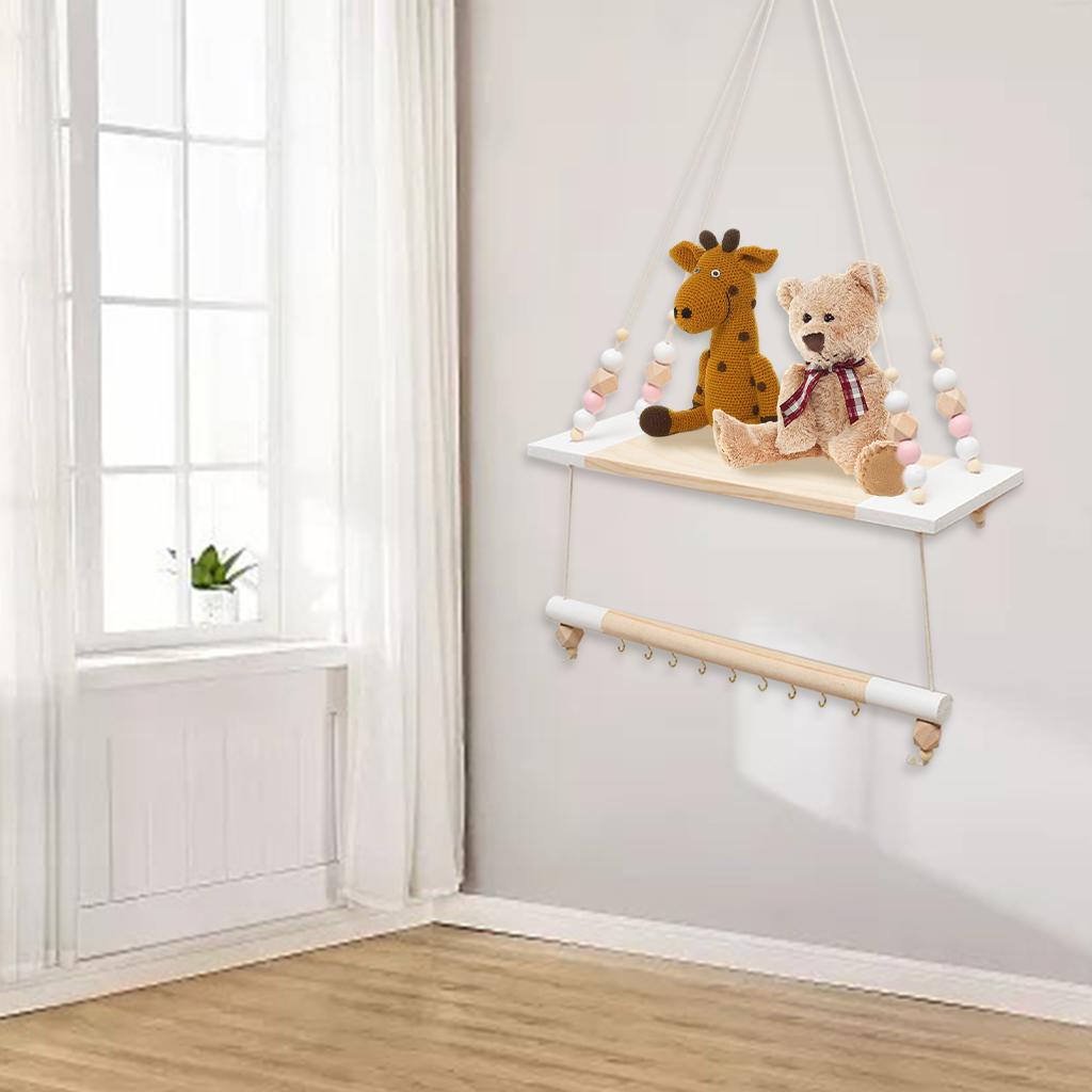 Wooden Wall Shelf With Hooks  Organizer Hanging Mount Clothes
