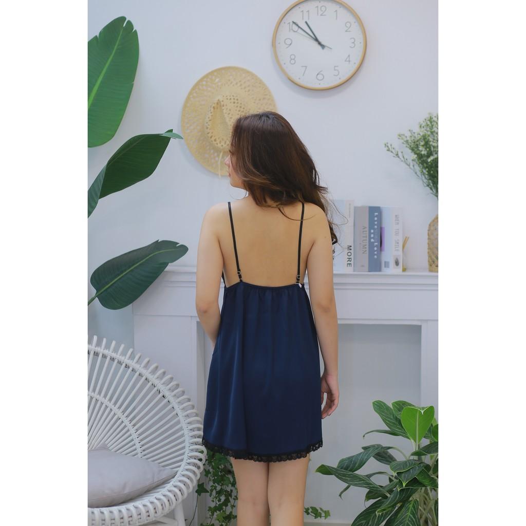Váy ngủ lụa Crepe hai dây phối ren sang trọng tặng kèm quần chip ren