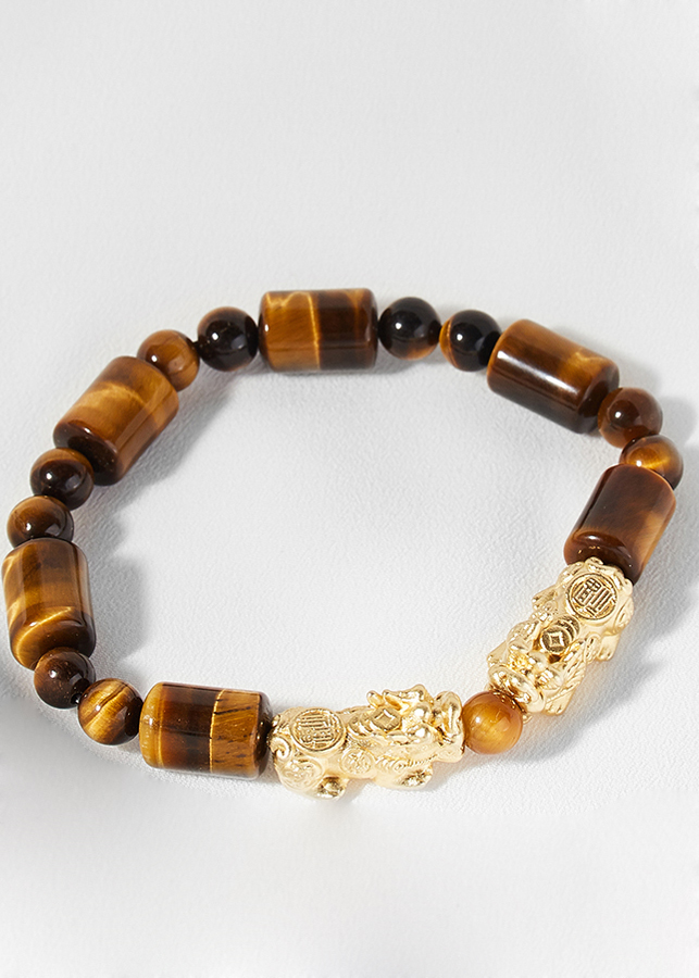 Vòng tay đá thạch anh mắt hổ phối 2 tỳ hưu bạc mạ vàng 24k Ngọc Quý Gemstone