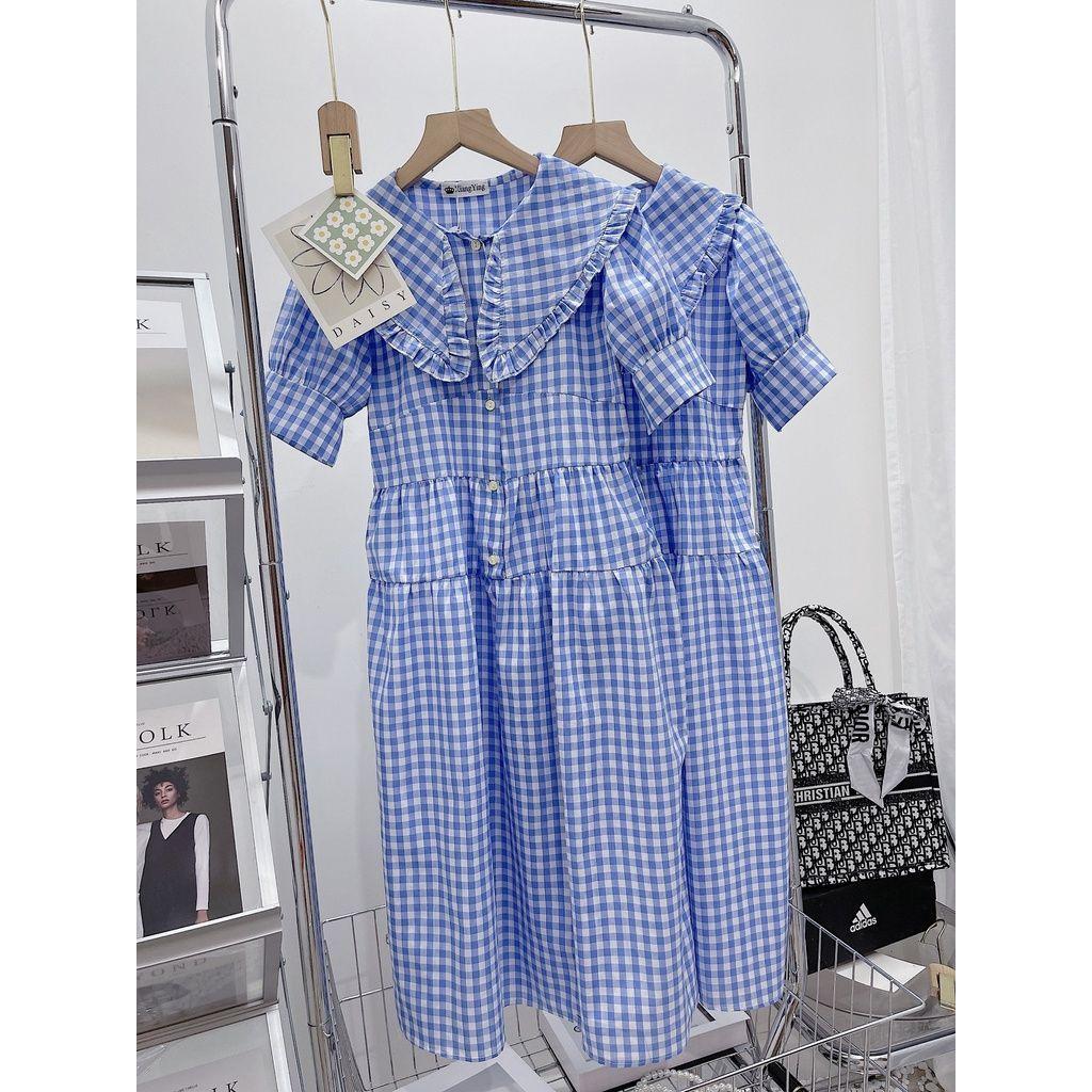 Đầm Nữ Caro Xanh Cộc Tay Khuy Cài Dáng Xòe năng động đi làm, đi chơi, du lịch hay đi dạo đều hợp Q087