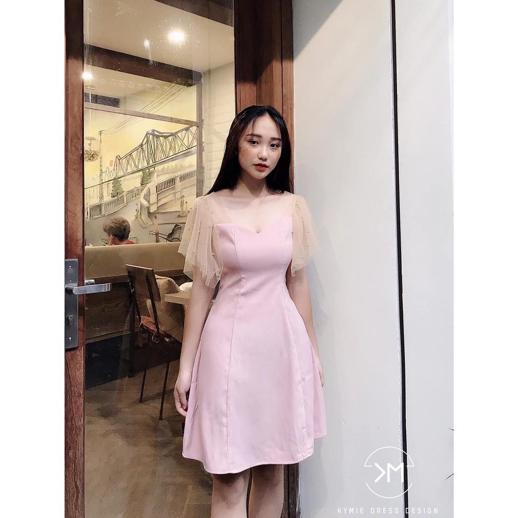️ Đầm Nữ Dáng Xòe Đi Tiệc Chất Umi Tay Phối Lưới Free Size 2 Màu Hồng Đỏ ️