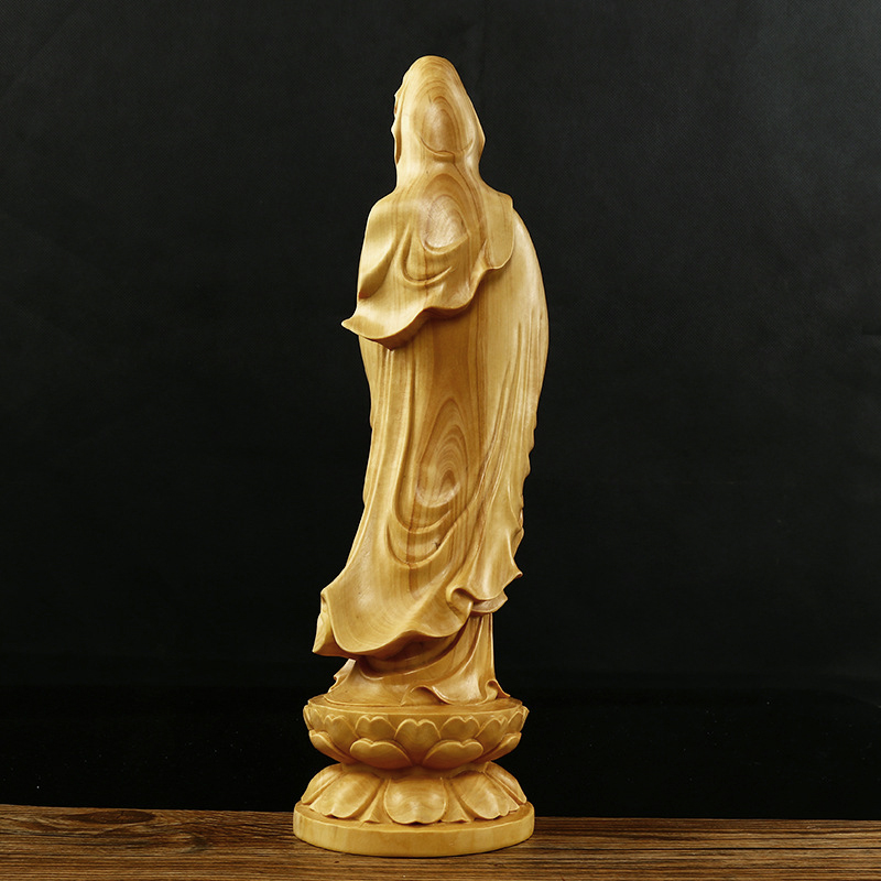 Tượng Phật Quan Âm đứng đài sen bằng gỗ Hoàng Dương ( Cao 12cm)