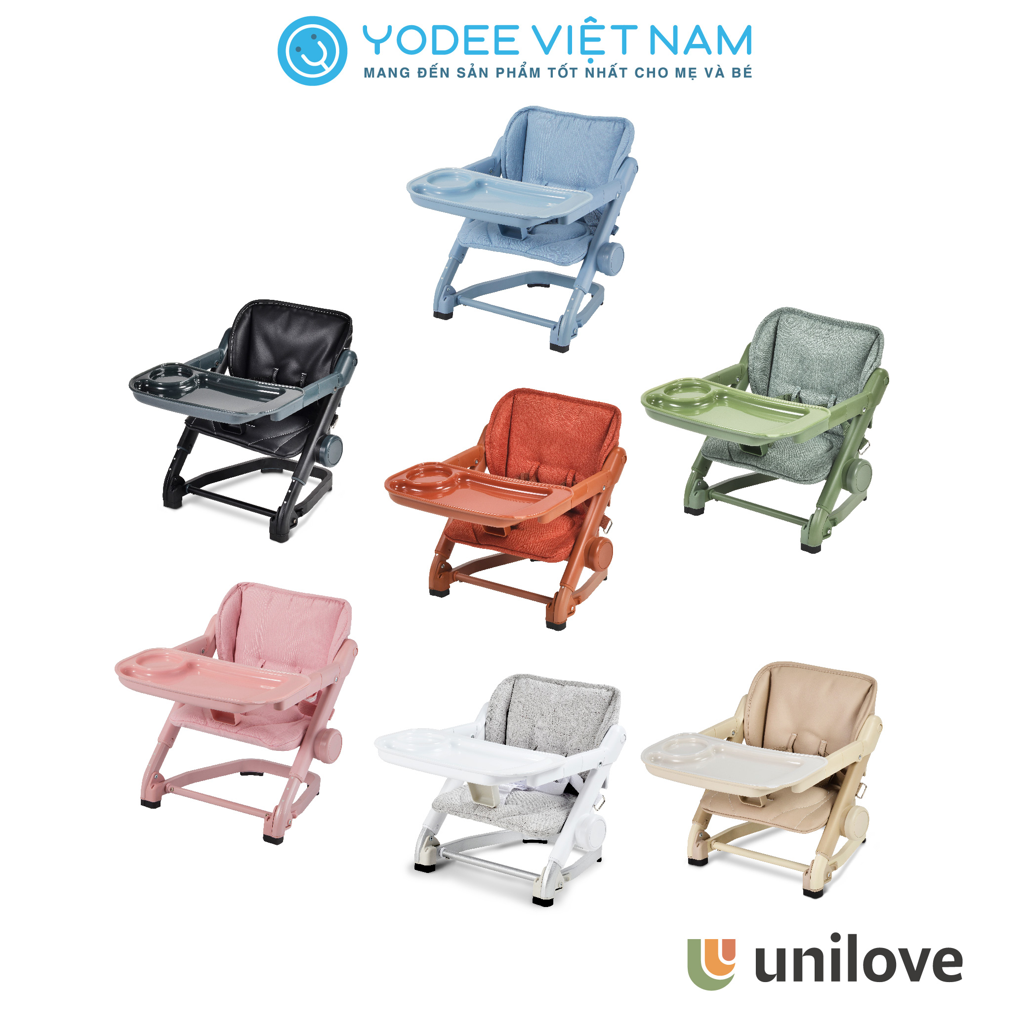 Unilove Ghế ăn dặm 3 trong 1 Feed Me có 4 chế độ điều chỉnh độ cao, chân ghế chống trượt an toàn cho bé và dễ dàng gấp gọn mang đi