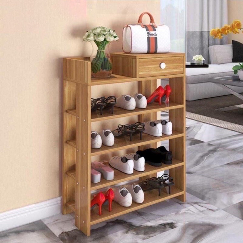 Kệ Giày Gỗ 5 Tầng Có Hộp Đựng Đồ Gía Tốt Nhất Màu Vân Gỗ