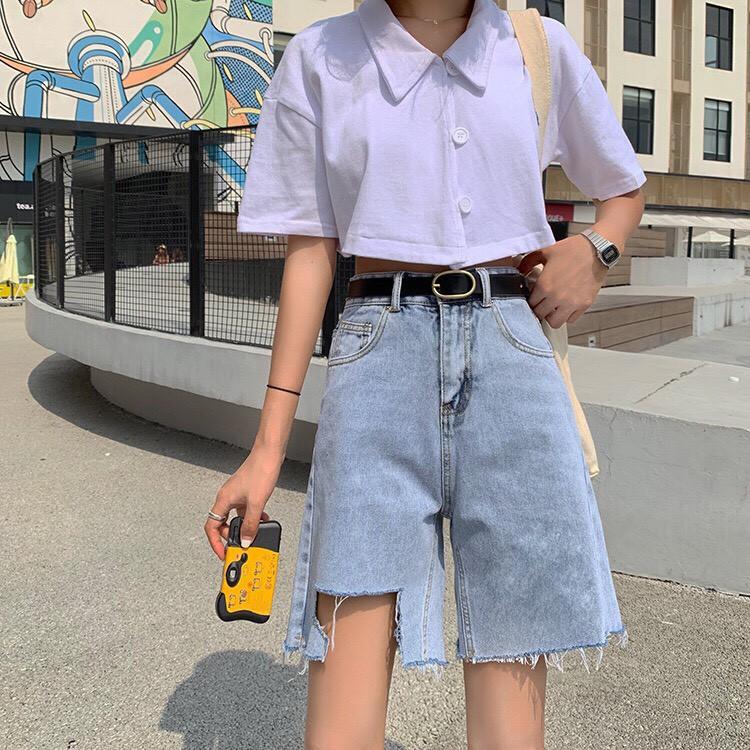Quần Short Jean Cạp Cao Rách Gấu Phong Cách Ulzzang_C18
