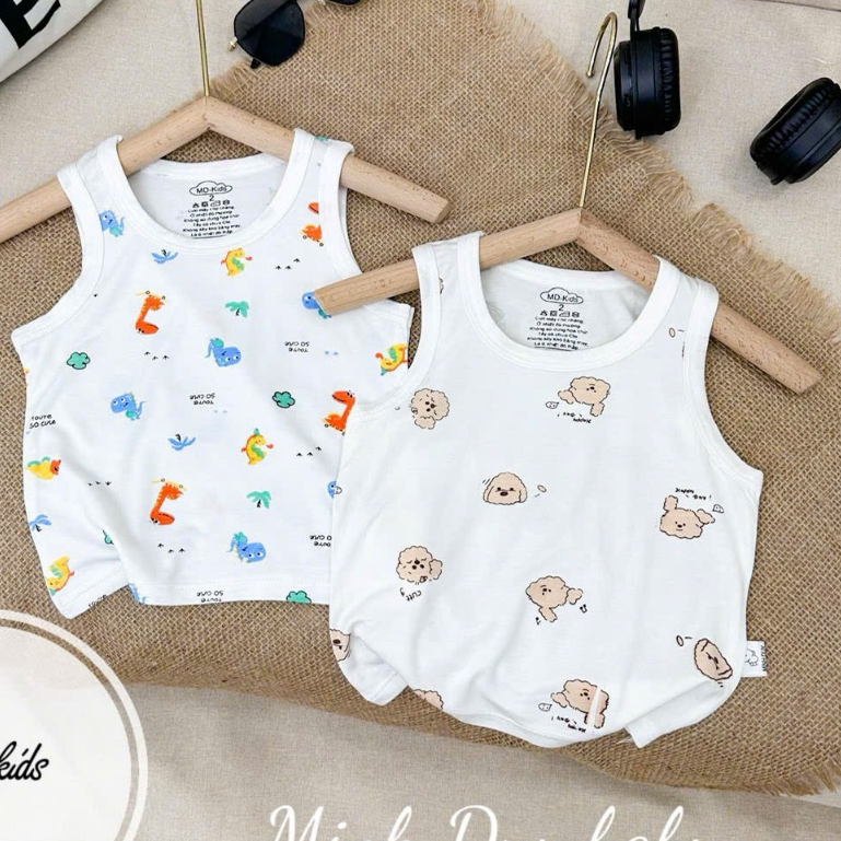 [4-14kg] Áo Ba Lỗ Sát Nách THUN LẠNH PETIT Trắng Họa Tiết Dễ Thương Cho Bé