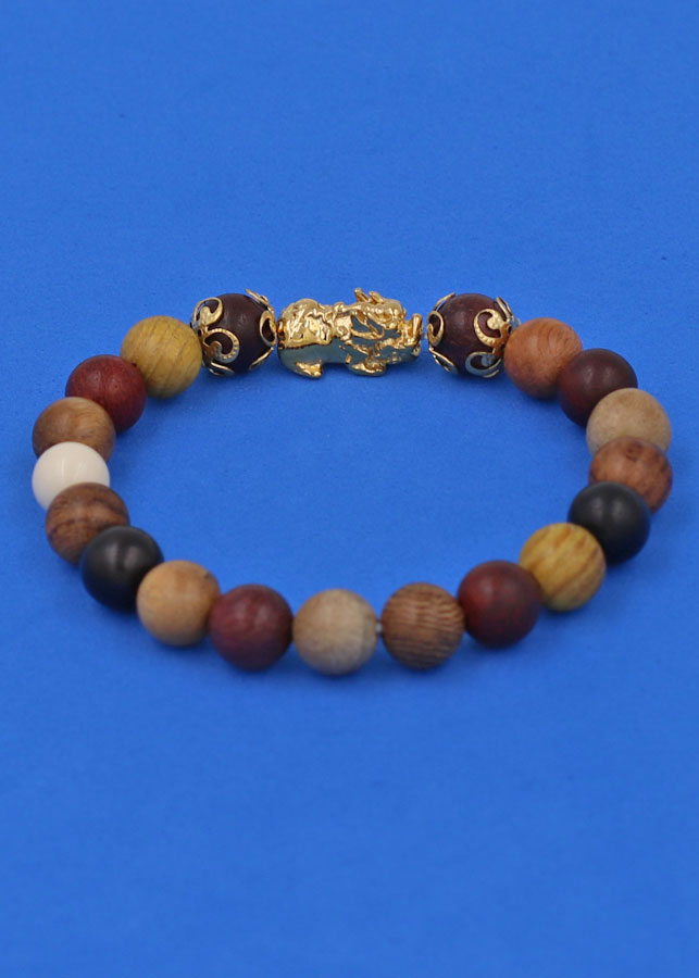 Chuỗi đeo tay Gỗ Đàn Hương 8 màu 8 ly - cẩn Tỳ Hưu Phong Thủy inox vàng VGDHMTHHKV8