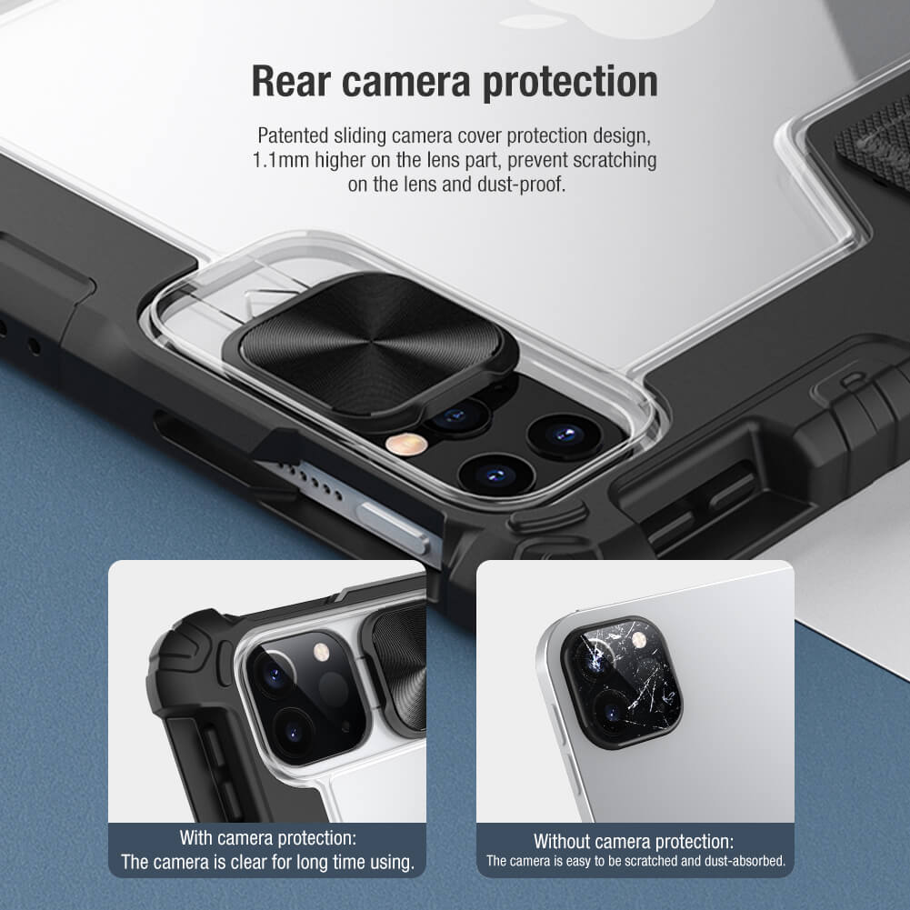 Bao da chống sốc cho iPad Air 4 10.9 2020 / iPad Pro 11 inch 2021 M1 / 2020 hiệu Nillkin Bumper Pro có ngăn đựng bút chống va đập, mặt lưng show Logo táo, cơ chế smartsleep, nắp bảo vệ Camera 1.1mm - hàng chính hãng