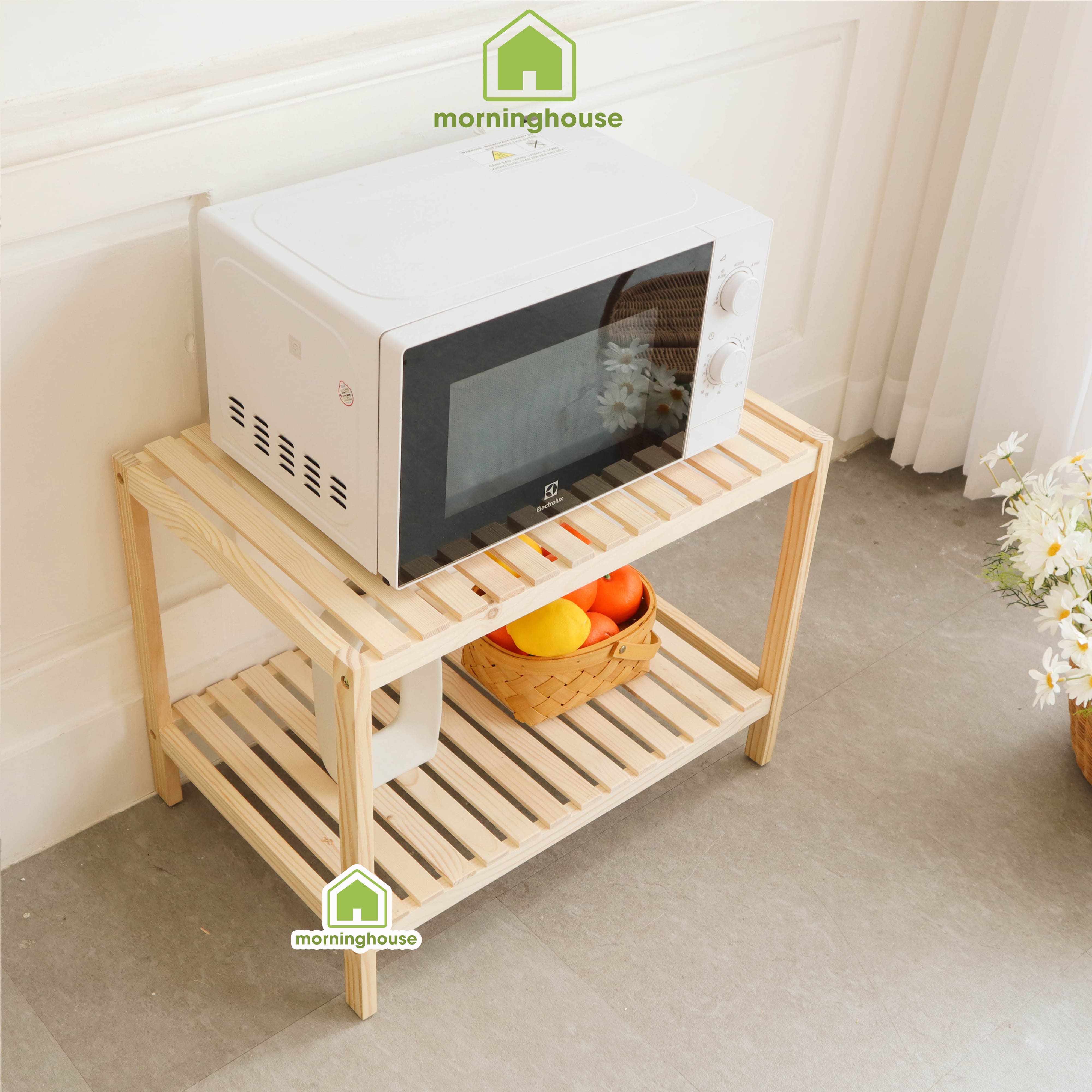 Kệ Để Lò Vi Sóng 2 Tầng Morning House Dài 60cm x Cao 46cm- Gỗ Cao Su Chắc Chắn Chịu Lực 30kg