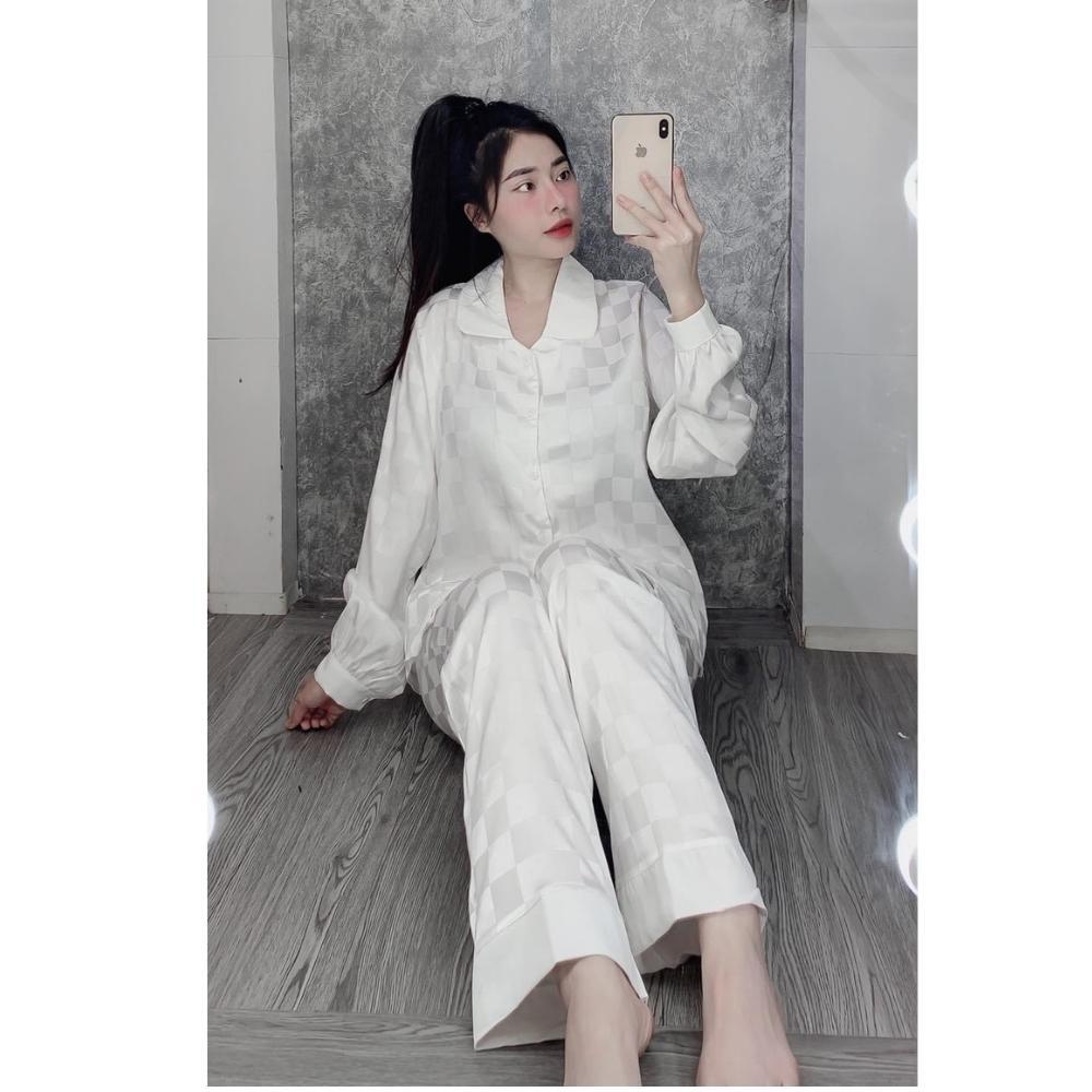 Pyjama nữ áo dài tay quần dài , đồ ngủ nữ bộ mặc nhà nữ mùa hè chất liệu luạ gấm ô vuông cao cấp