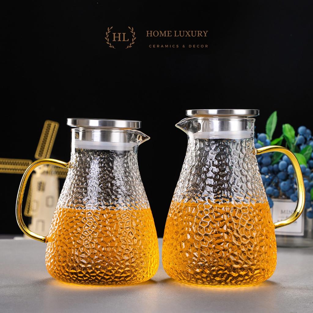 Bình thuỷ tinh chịu nhiệt sần quai vàng | Bộ bình cốc thủy tinh sần Borosilicate chịu nhiệt, chịu lực cao cấp 1.6L 1.8L