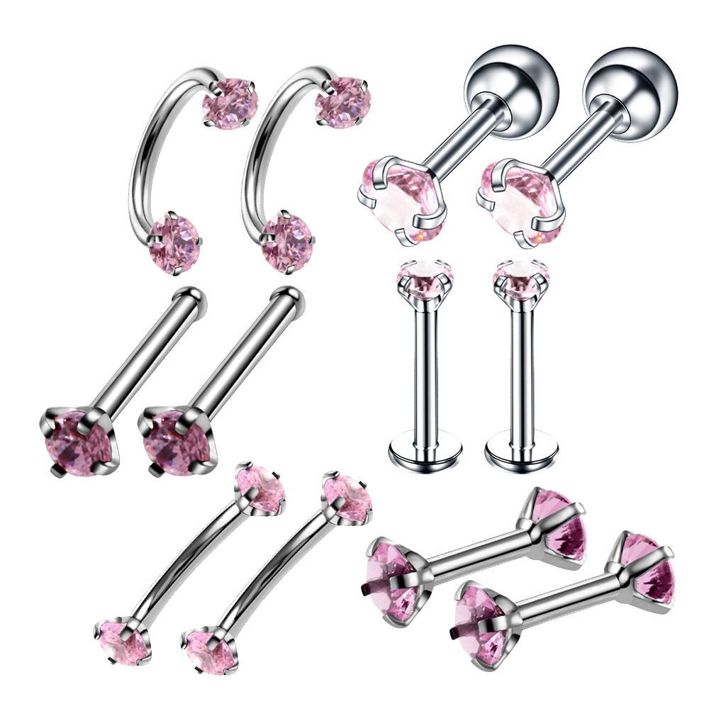 2-7pack 12pcs Stainless Steel Colored Zircon Lip Nose Nail Piercing Jewelry Pink