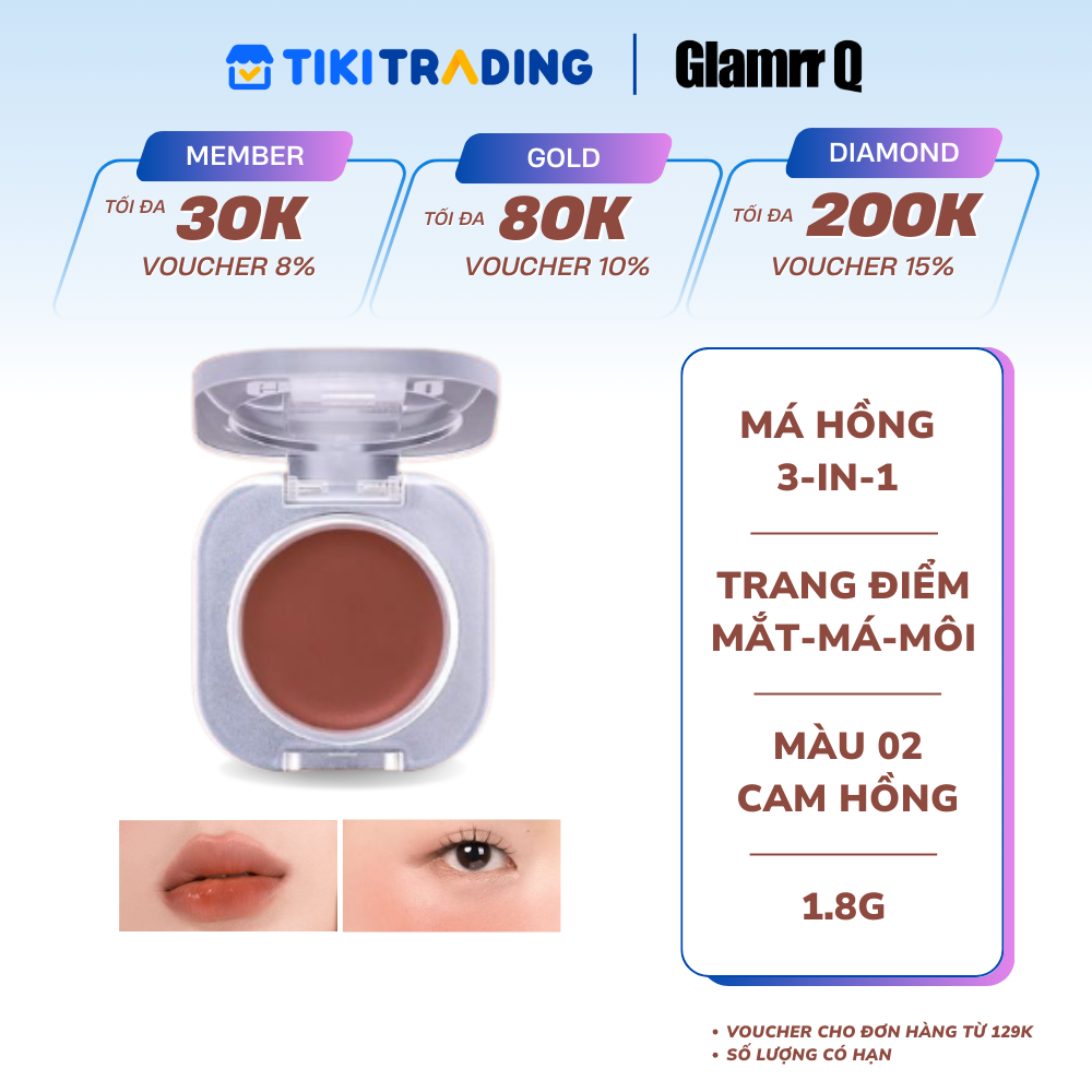 [MỚI] Má Hồng Kem Đa Năng 3-in-1 Trang Điểm Má Mắt Môi Mịn Lì Dễ Tán Bền Màu Glamrr Q Mellow Touch Lip Cheek Pot (1.8g) màu 02