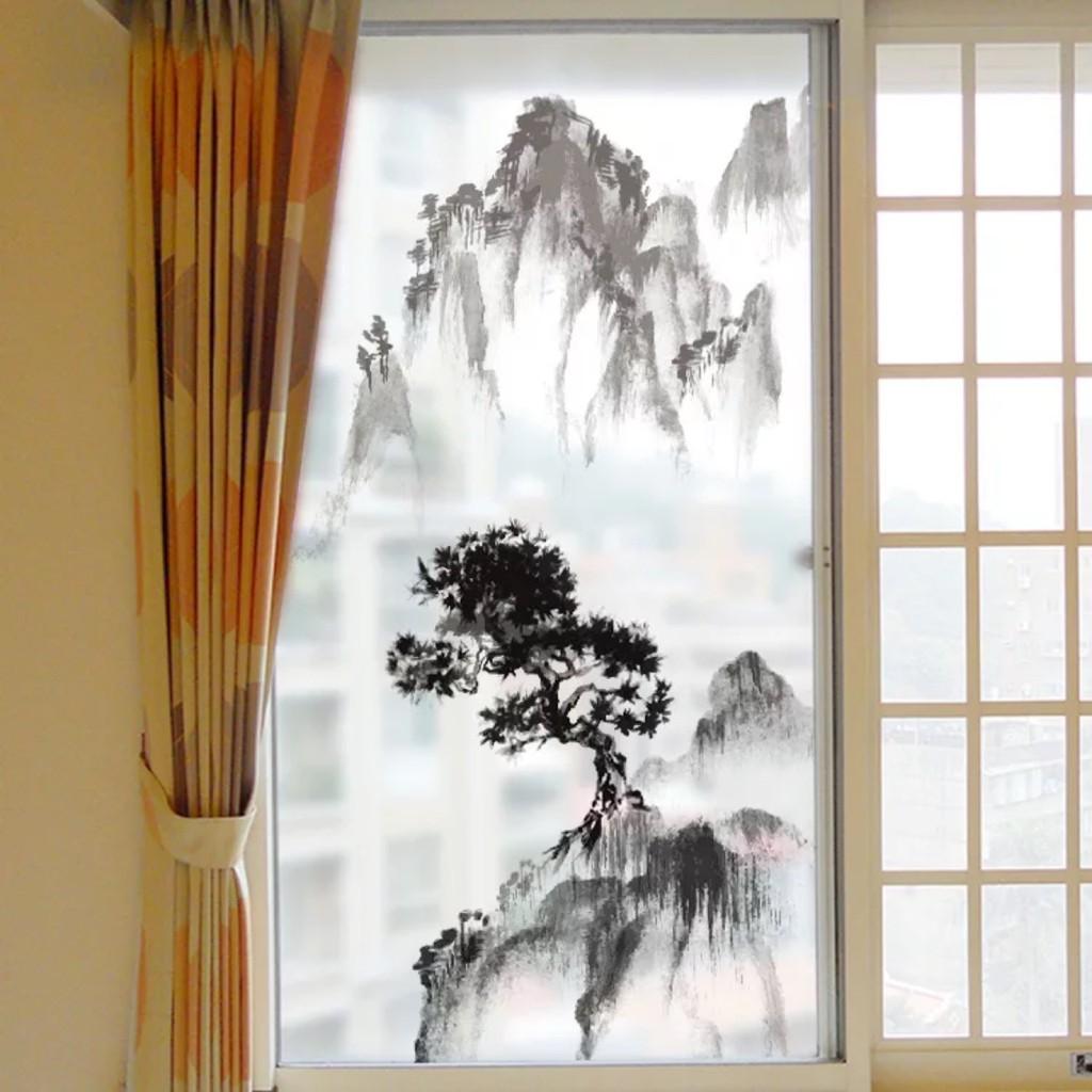 Decal trang trí kính cao cấp mẫu Ngọn Núi lớn và cây to