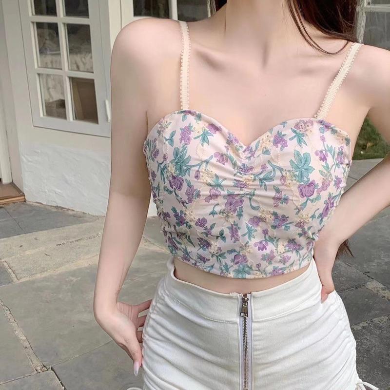 Áo bra 2 dây hoa nhỏ xinh có đệm mút chun lưng nhún ngực cho nữ